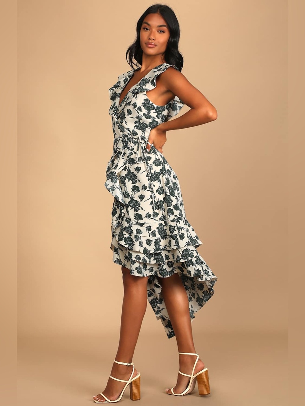 Lulus All the Lovely Days Cream Floral Print Asymmetrical Wrap Dress